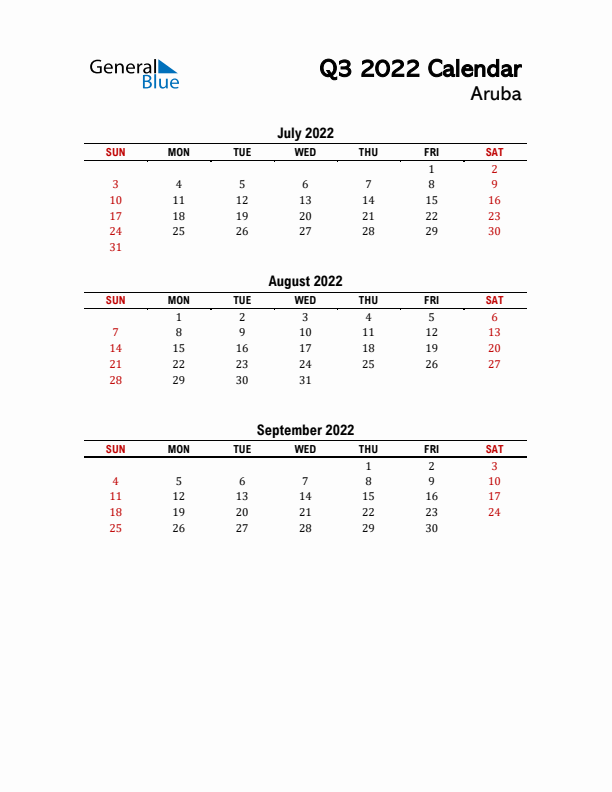 2022 Q3 Calendar with Holidays List for Aruba