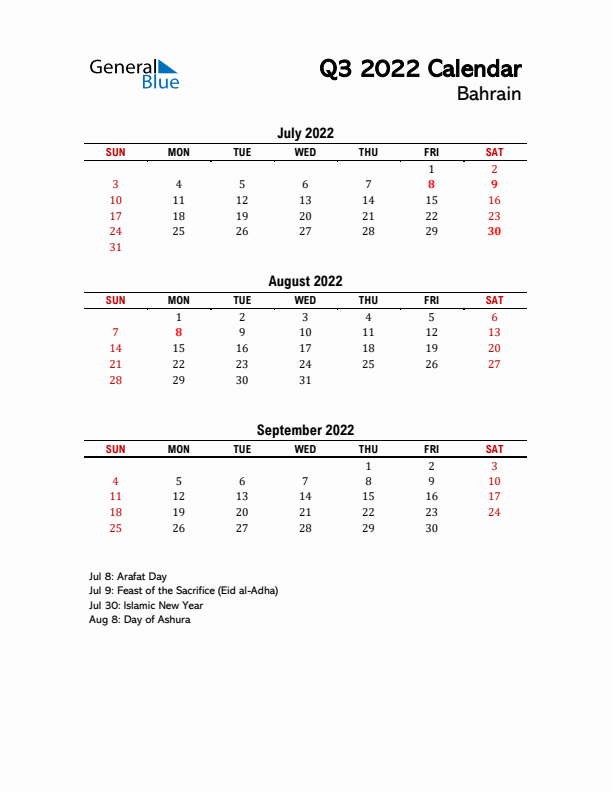 2022 Q3 Calendar with Holidays List for Bahrain