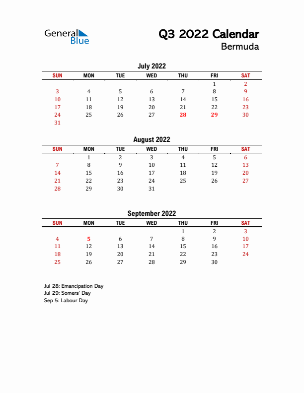 2022 Q3 Calendar with Holidays List for Bermuda