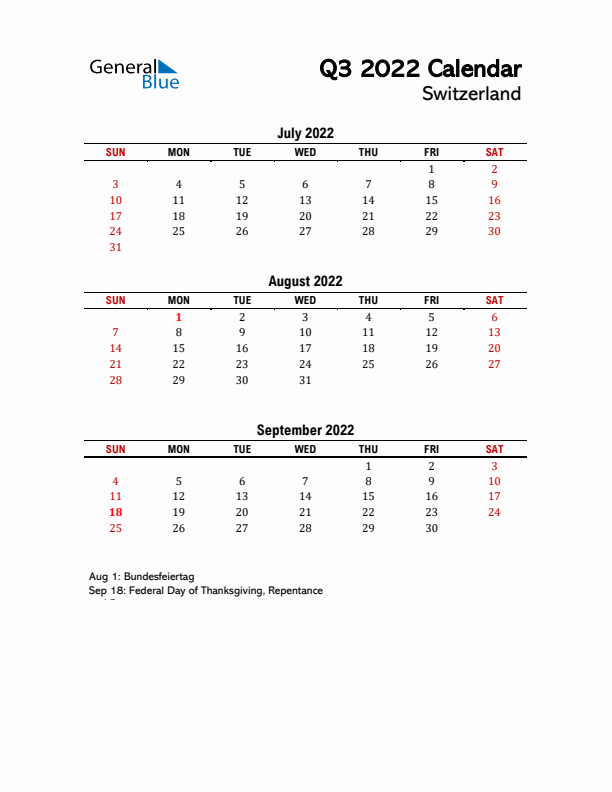 2022 Q3 Calendar with Holidays List for Switzerland