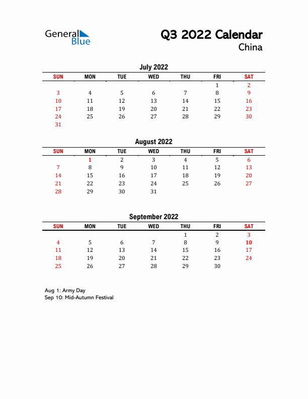 2022 Q3 Calendar with Holidays List for China