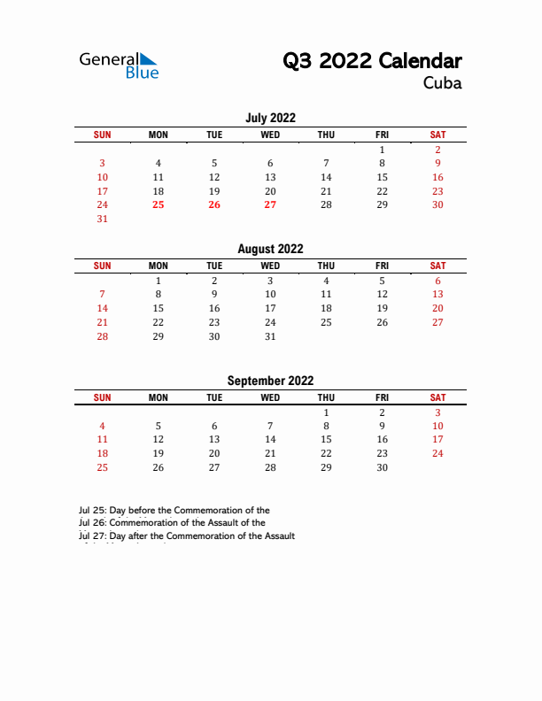 2022 Q3 Calendar with Holidays List for Cuba