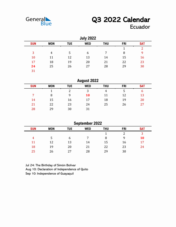 2022 Q3 Calendar with Holidays List for Ecuador