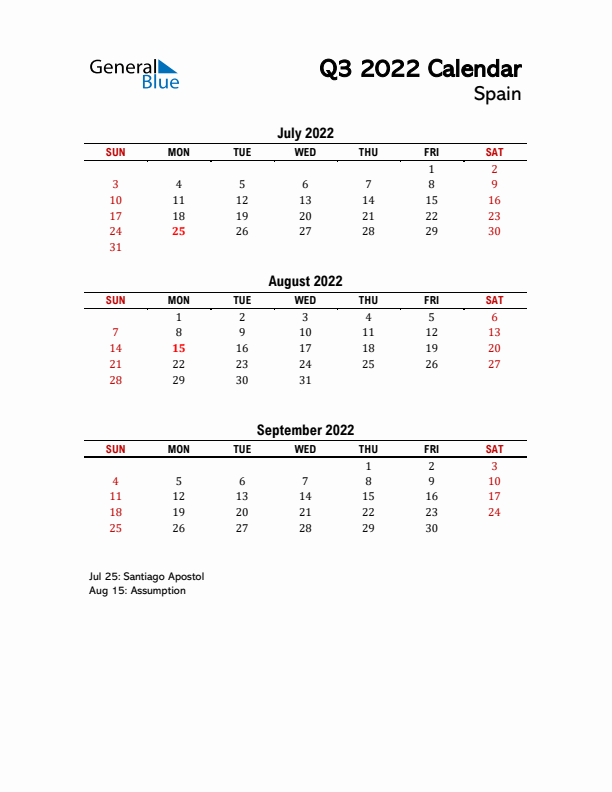 2022 Q3 Calendar with Holidays List for Spain