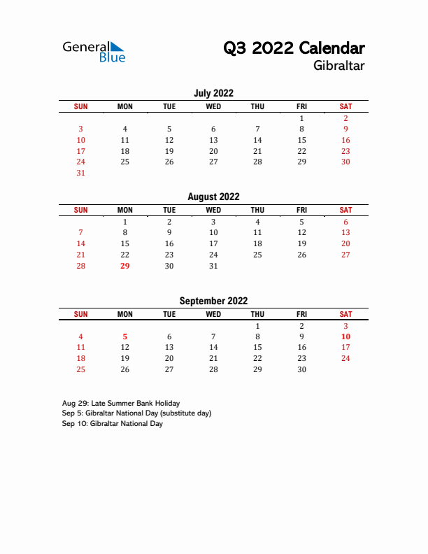 2022 Q3 Calendar with Holidays List for Gibraltar