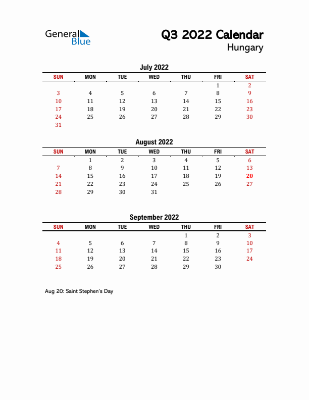 2022 Q3 Calendar with Holidays List for Hungary