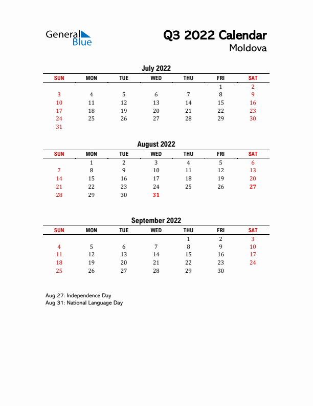 2022 Q3 Calendar with Holidays List for Moldova