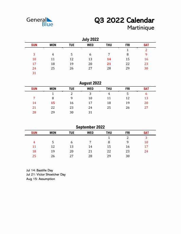 2022 Q3 Calendar with Holidays List for Martinique