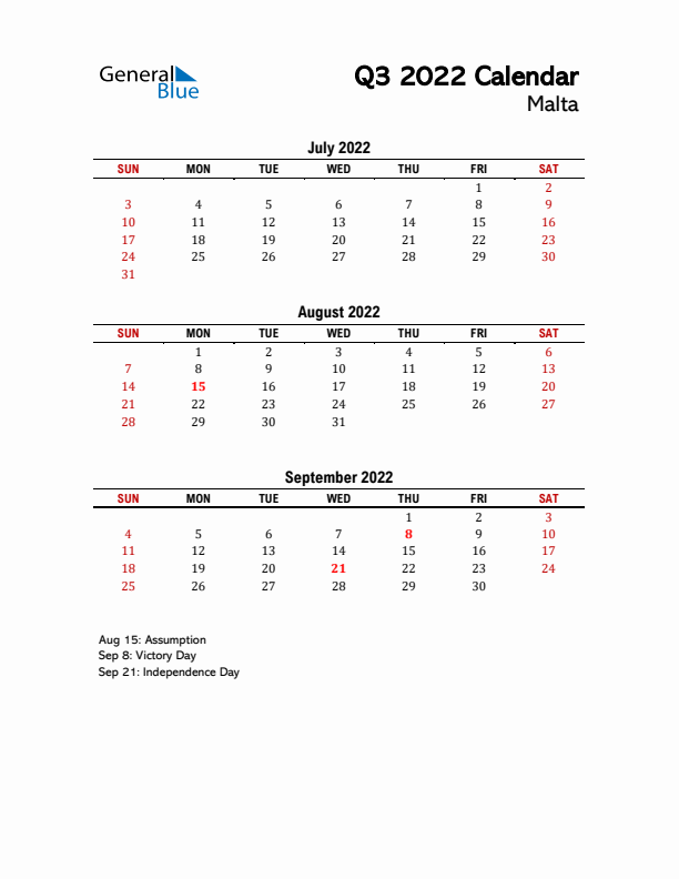 2022 Q3 Calendar with Holidays List for Malta