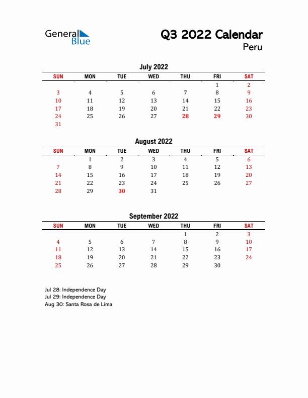 2022 Q3 Calendar with Holidays List for Peru