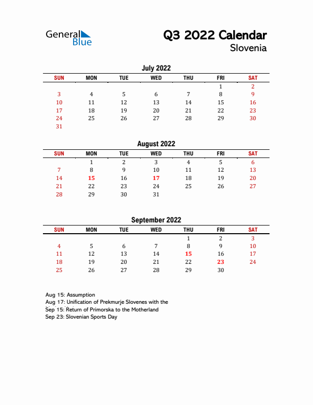 2022 Q3 Calendar with Holidays List for Slovenia