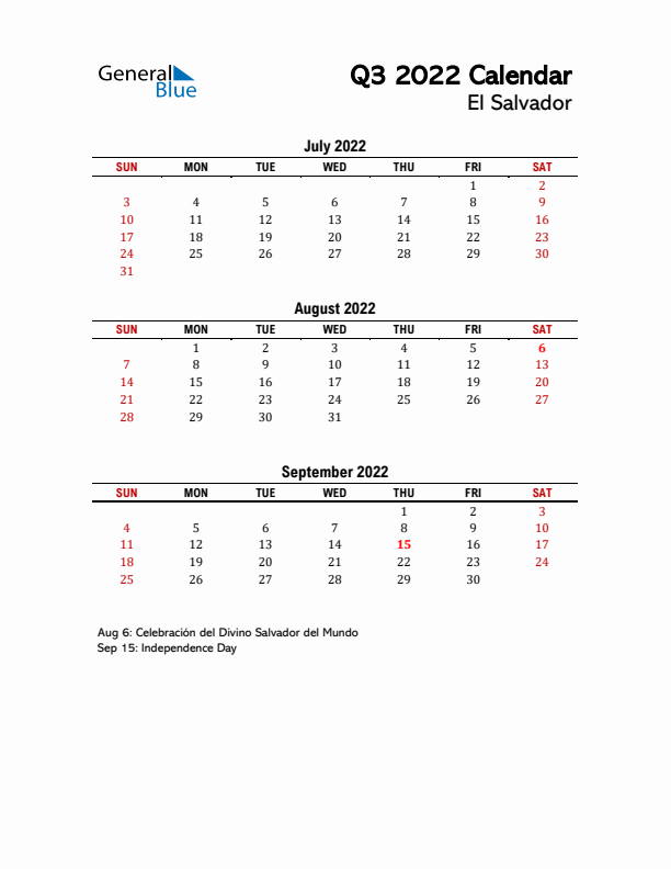 2022 Q3 Calendar with Holidays List for El Salvador