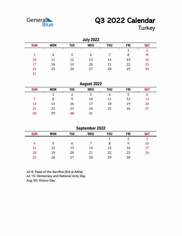 2022 Q3 Calendar with Holidays List for Turkey