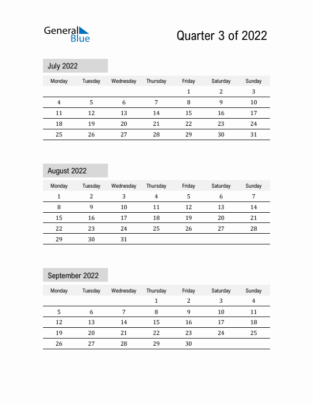 July, August, and September Calendar 2022