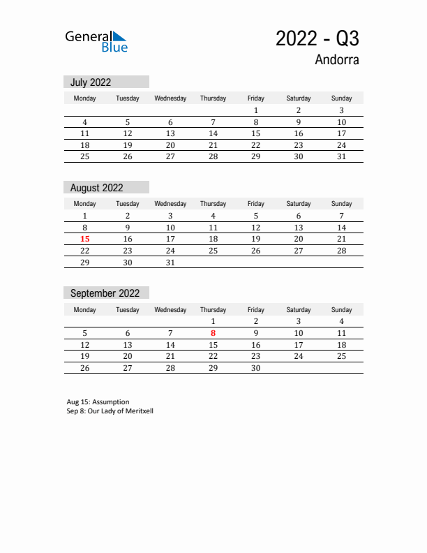 Andorra Quarter 3 2022 Calendar with Holidays