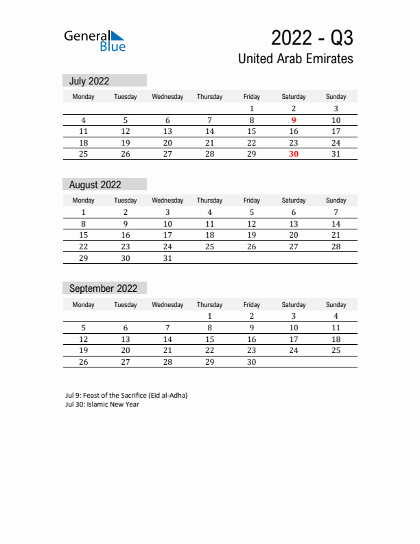 United Arab Emirates Quarter 3 2022 Calendar with Holidays