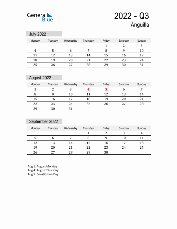 Anguilla Quarter 3 2022 Calendar with Holidays