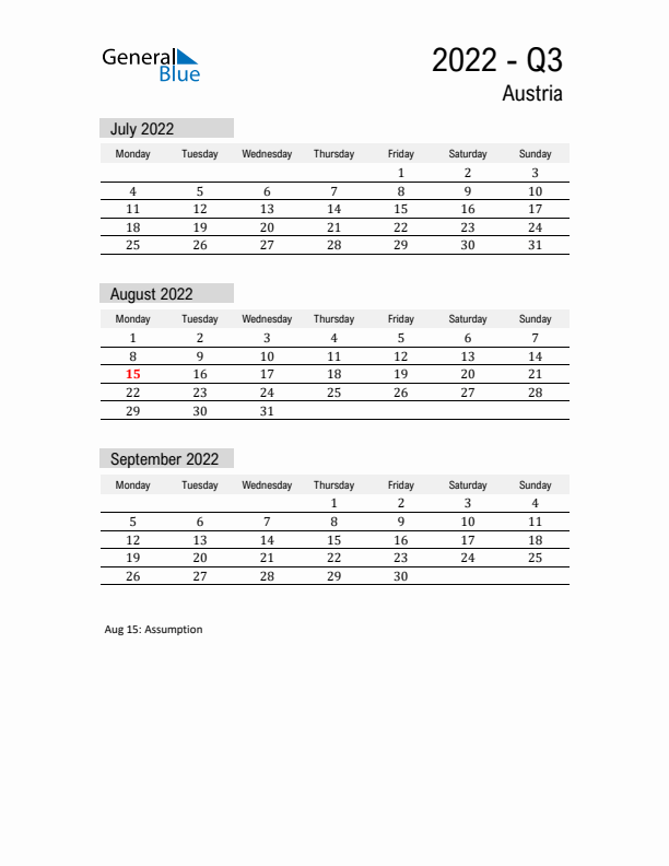 Austria Quarter 3 2022 Calendar with Holidays