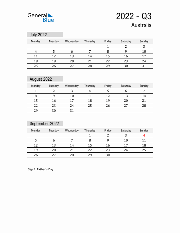 Australia Quarter 3 2022 Calendar with Holidays