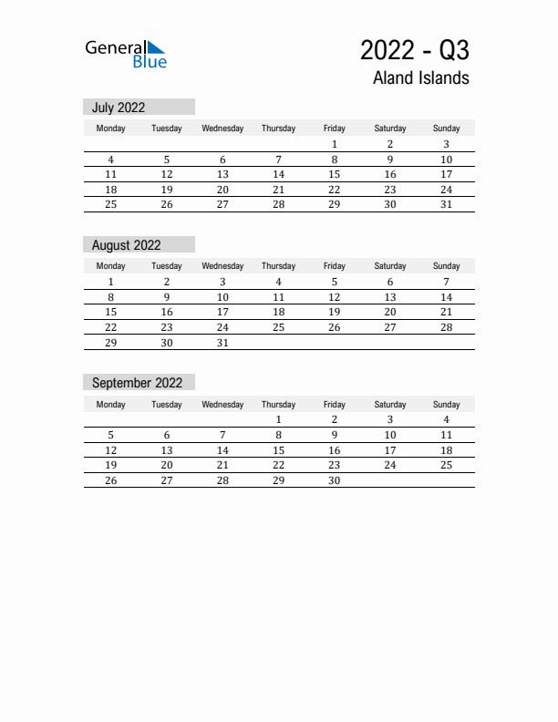 Aland Islands Quarter 3 2022 Calendar with Holidays