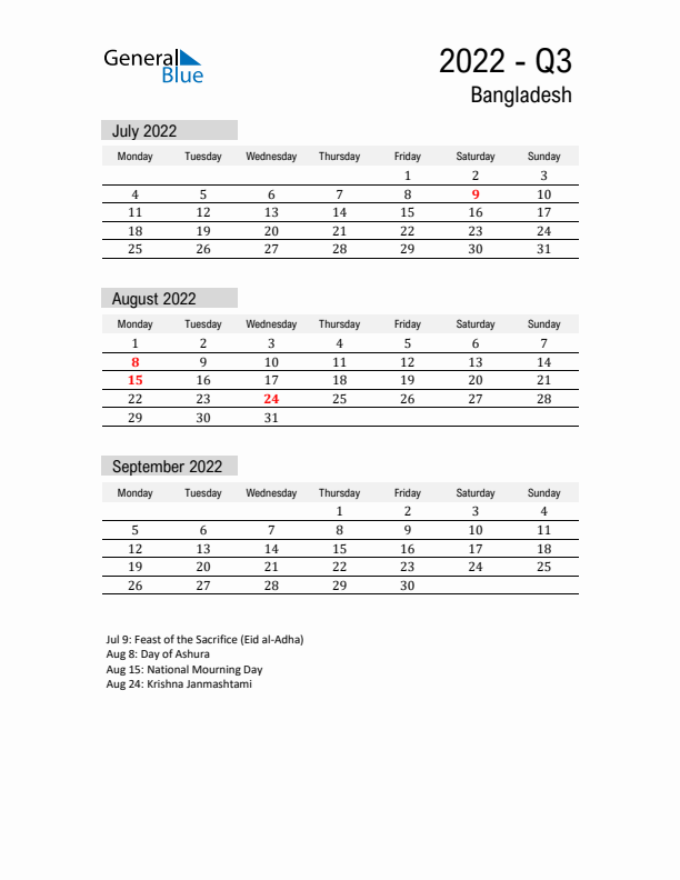 Bangladesh Quarter 3 2022 Calendar with Holidays