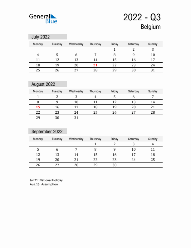 Belgium Quarter 3 2022 Calendar with Holidays