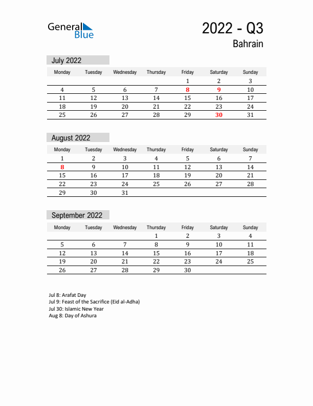 Bahrain Quarter 3 2022 Calendar with Holidays