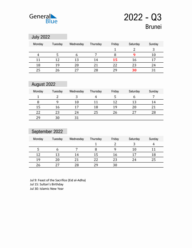 Brunei Quarter 3 2022 Calendar with Holidays