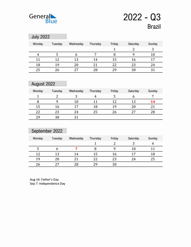 Brazil Quarter 3 2022 Calendar with Holidays