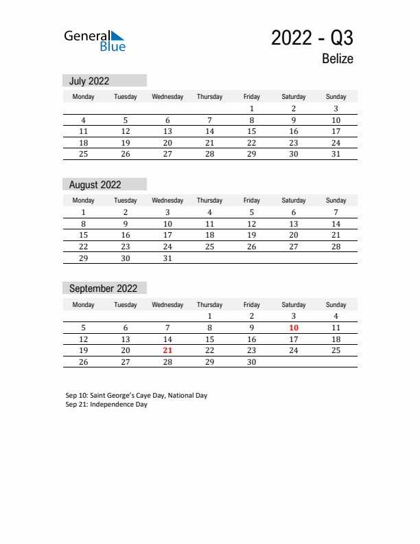 Belize Quarter 3 2022 Calendar with Holidays