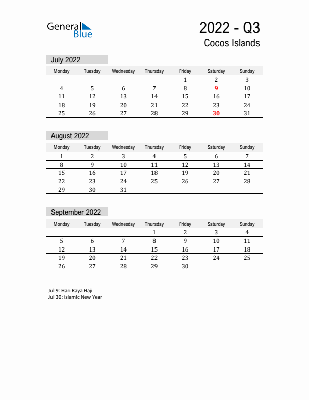 Cocos Islands Quarter 3 2022 Calendar with Holidays