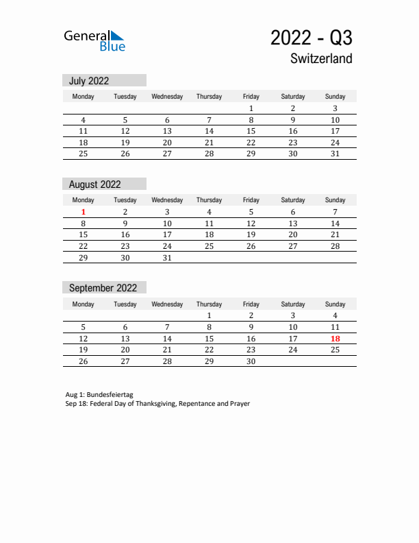 Switzerland Quarter 3 2022 Calendar with Holidays