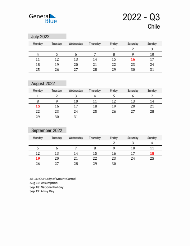 Chile Quarter 3 2022 Calendar with Holidays