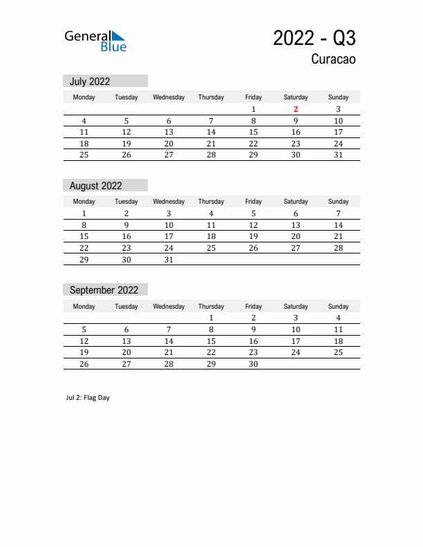 Curacao Quarter 3 2022 Calendar with Holidays