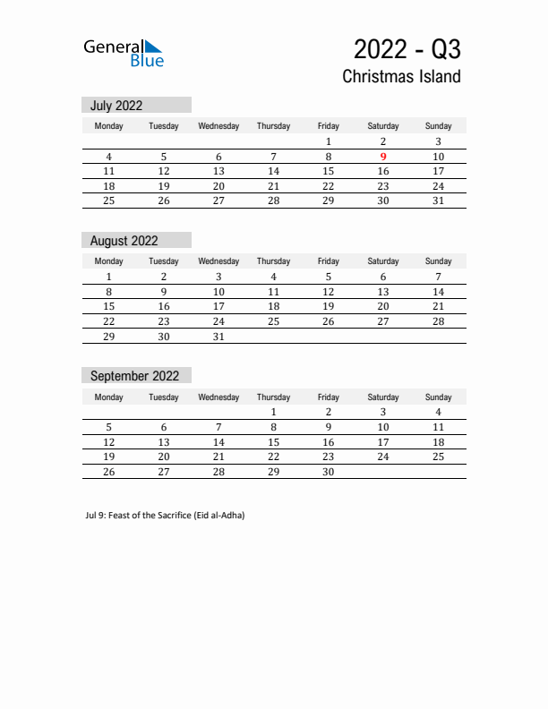Christmas Island Quarter 3 2022 Calendar with Holidays