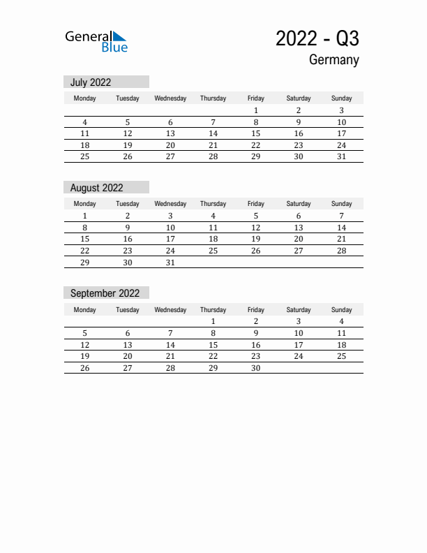 Germany Quarter 3 2022 Calendar with Holidays