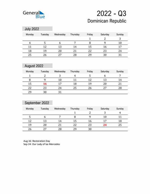 Dominican Republic Quarter 3 2022 Calendar with Holidays