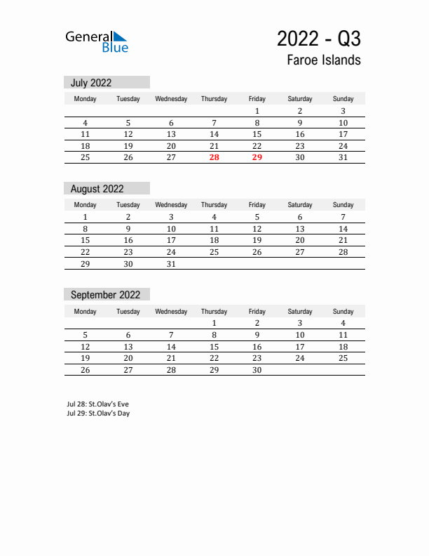 Faroe Islands Quarter 3 2022 Calendar with Holidays
