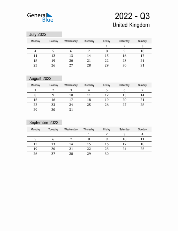 United Kingdom Quarter 3 2022 Calendar with Holidays