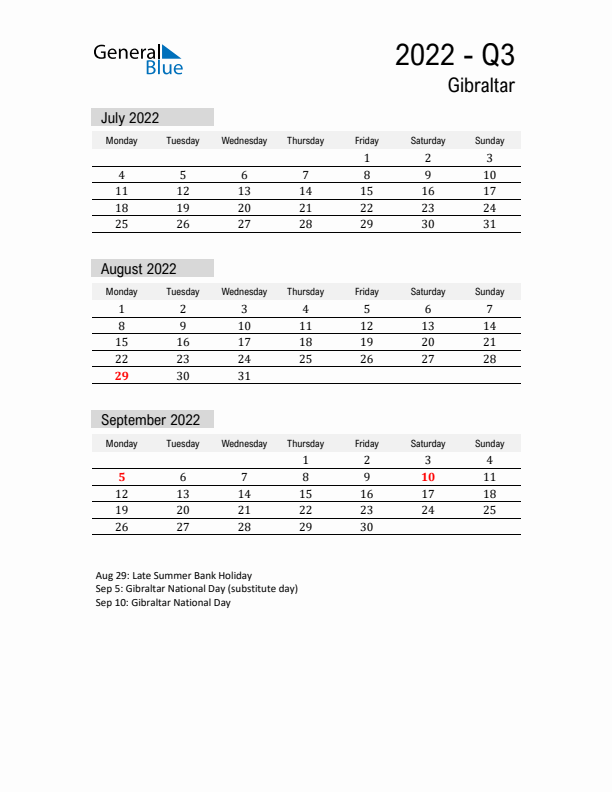 Gibraltar Quarter 3 2022 Calendar with Holidays