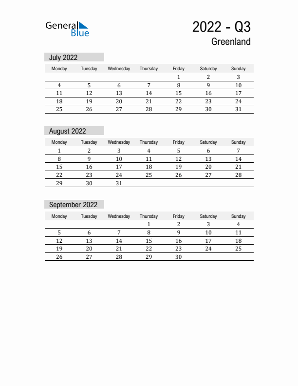 Greenland Quarter 3 2022 Calendar with Holidays