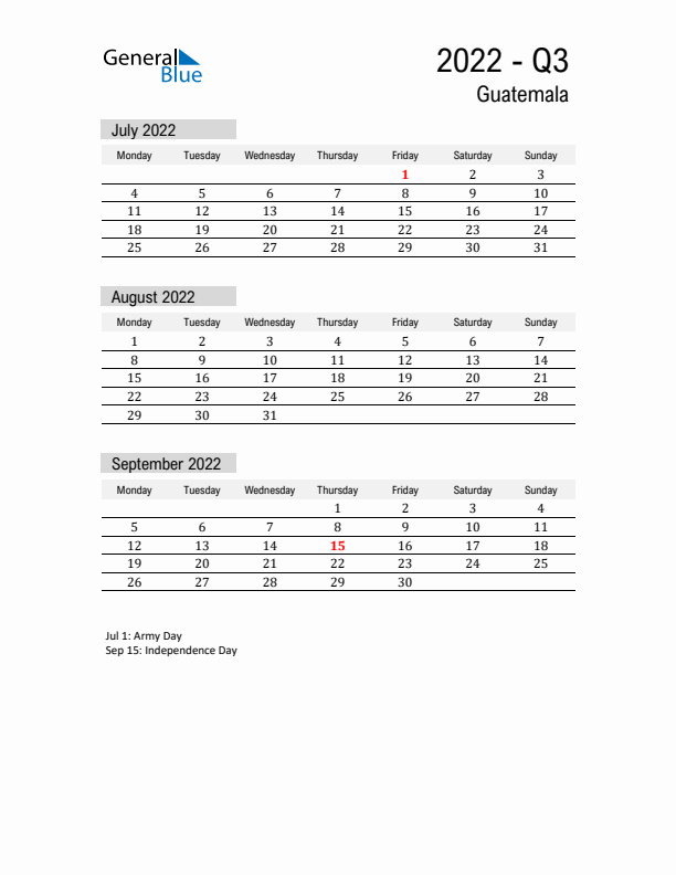 Guatemala Quarter 3 2022 Calendar with Holidays