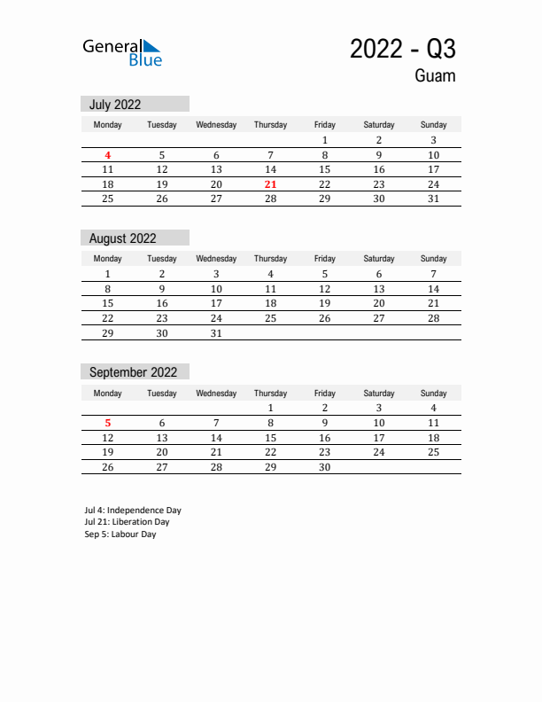 Guam Quarter 3 2022 Calendar with Holidays