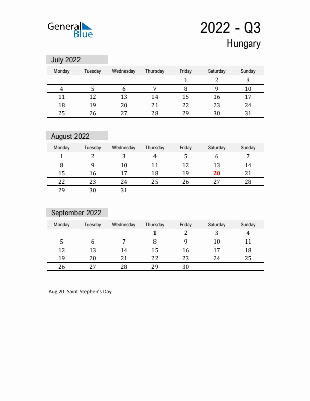 Hungary Quarter 3 2022 Calendar with Holidays