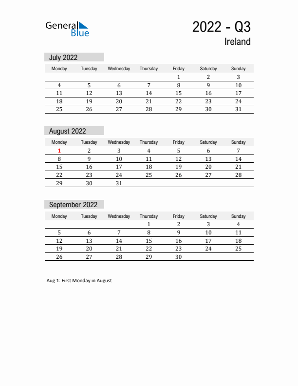 Ireland Quarter 3 2022 Calendar with Holidays