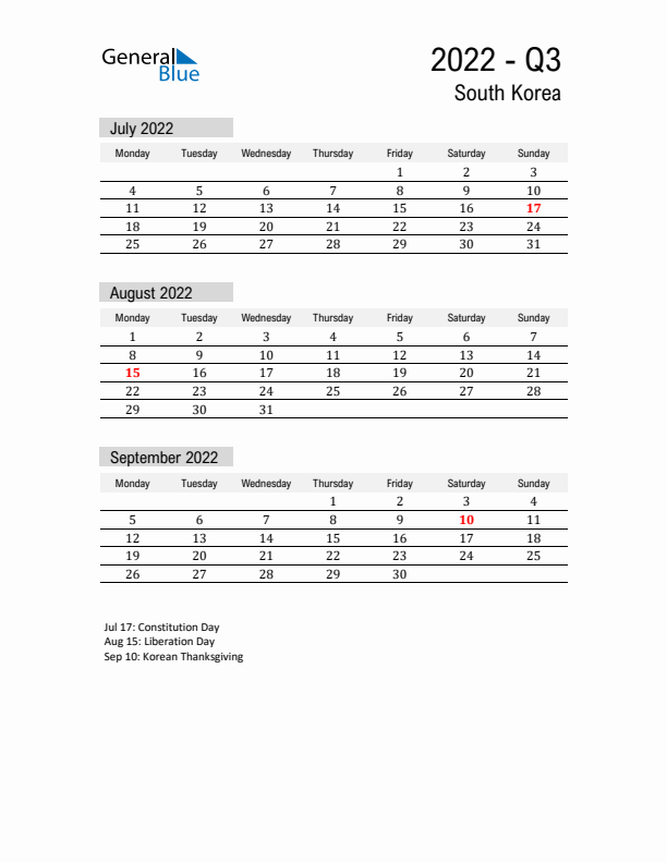 South Korea Quarter 3 2022 Calendar with Holidays