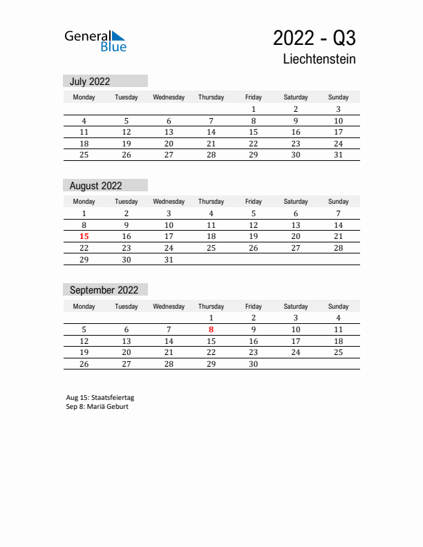 Liechtenstein Quarter 3 2022 Calendar with Holidays