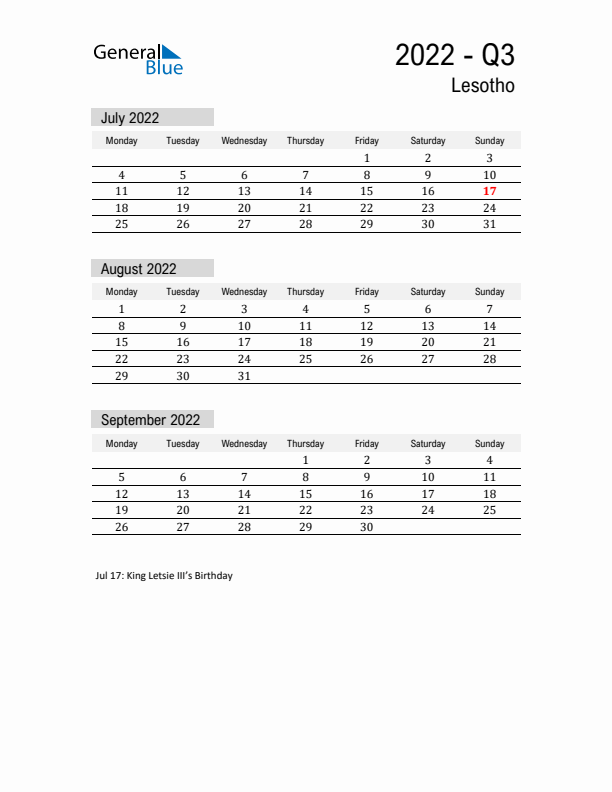 Lesotho Quarter 3 2022 Calendar with Holidays