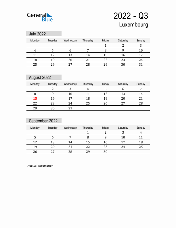 Luxembourg Quarter 3 2022 Calendar with Holidays