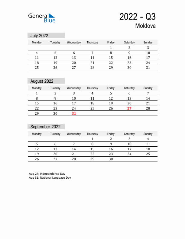 Moldova Quarter 3 2022 Calendar with Holidays